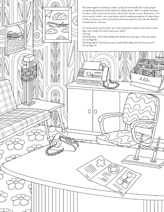 Line drawing of retro home office with rotary phone, desk, and chair.