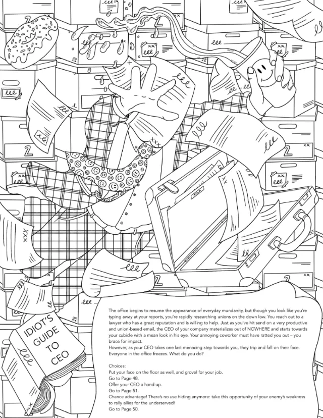 Chaotic office scene with flying papers and stressed employees.
