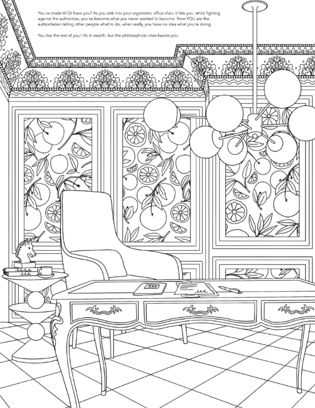 Line drawing of a living room with chair, table, and decorative plants.