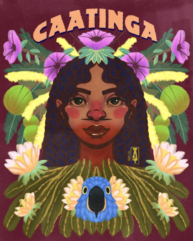 Illustration of a woman surrounded by tropical plants and a blue bird