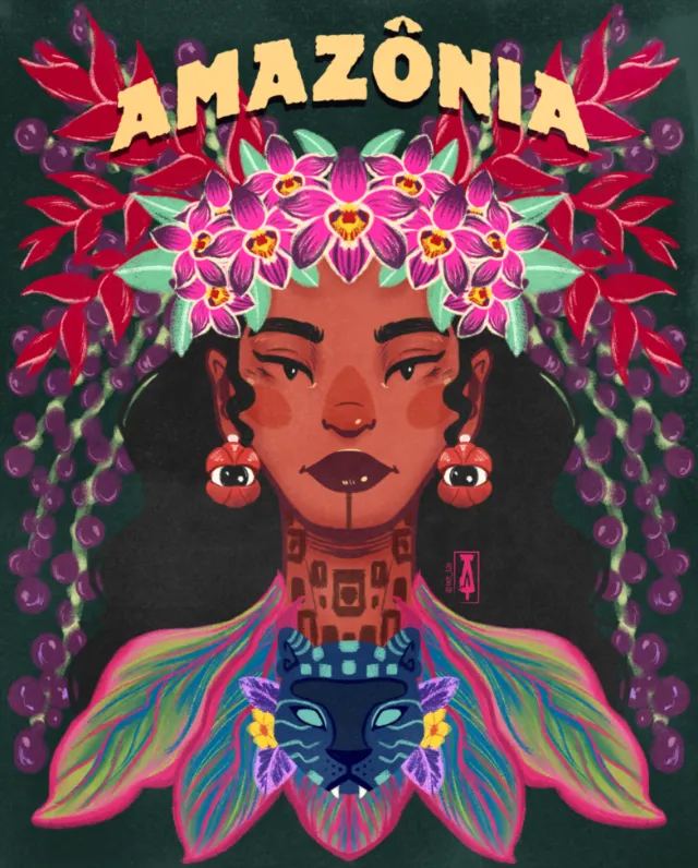 Amazonian woman with floral headdress and colorful tribal attire
