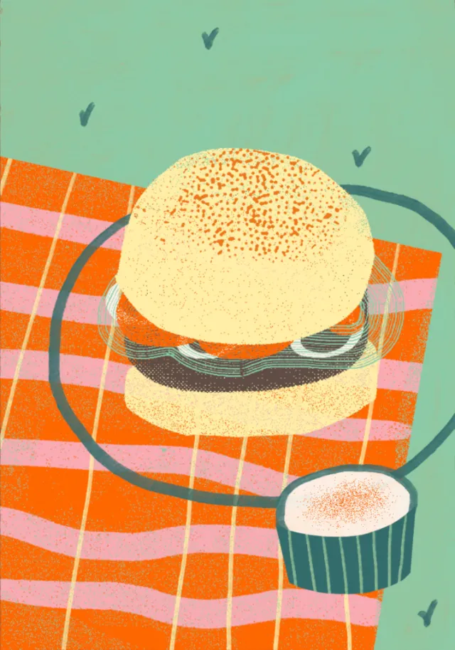 Illustration of a burger and drink on checkered cloth by Gina Rosas Moncada