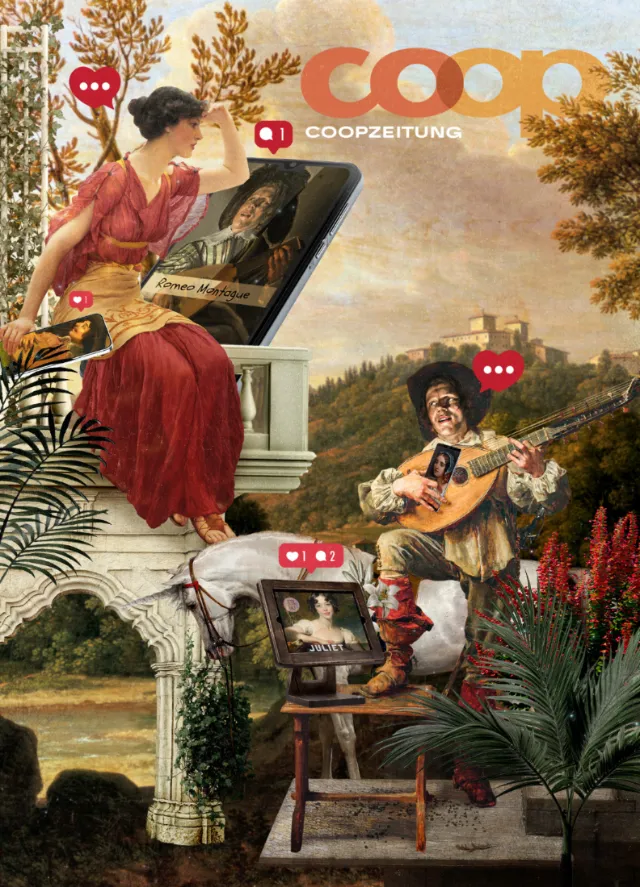 Classical scene with woman and man, social media icons added