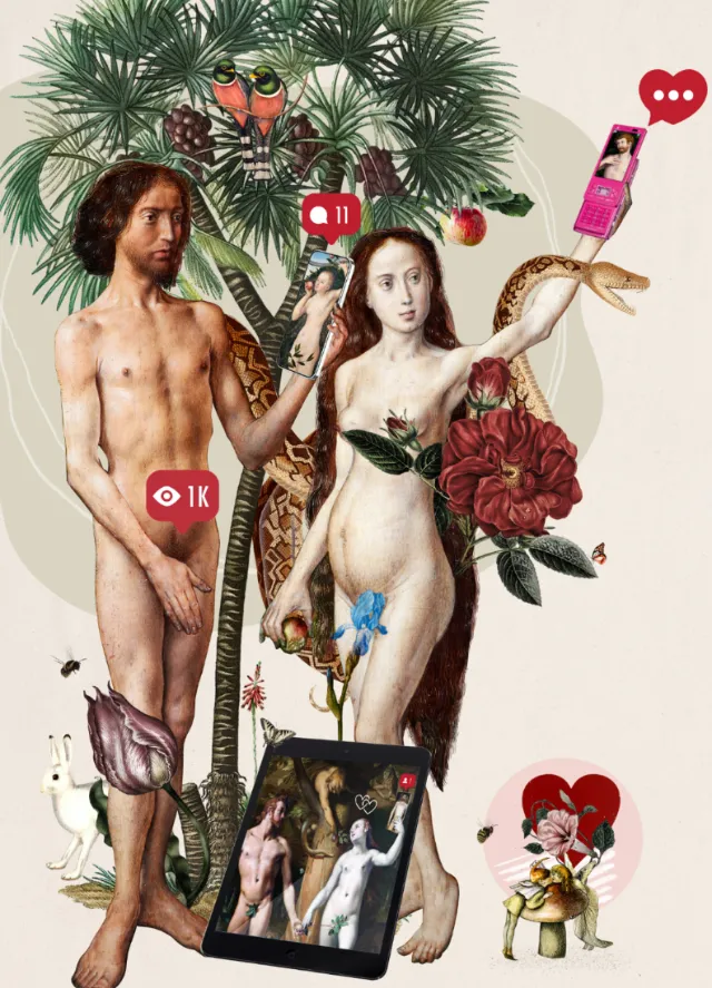 Adam and Eve standing with social media icons and snake in tree