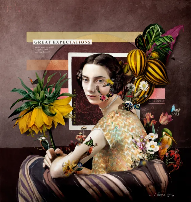 Portrait of woman with flowers, insects, and surreal plant elements