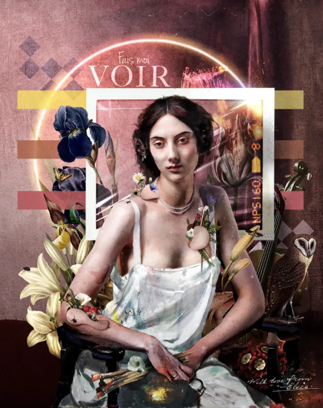 Woman in white dress surrounded by flowers and abstract shapes
