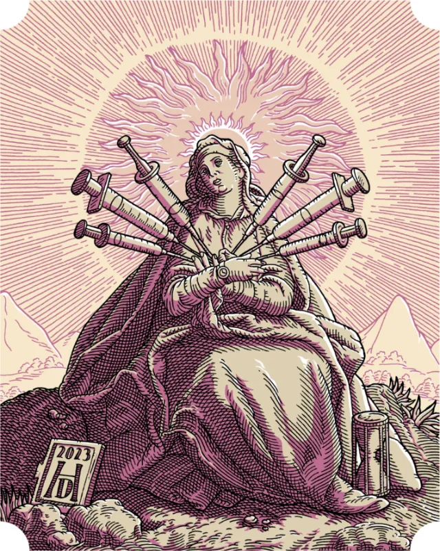 Saint Mary pierced by large syringes with radiant halo