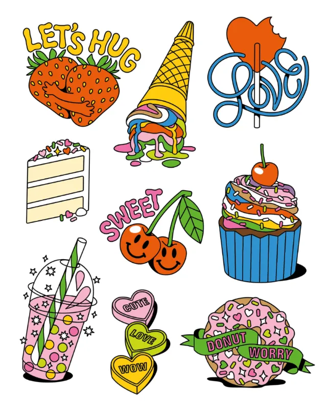 Colorful temporary tattoo illustrations of sweets and love-themed icons