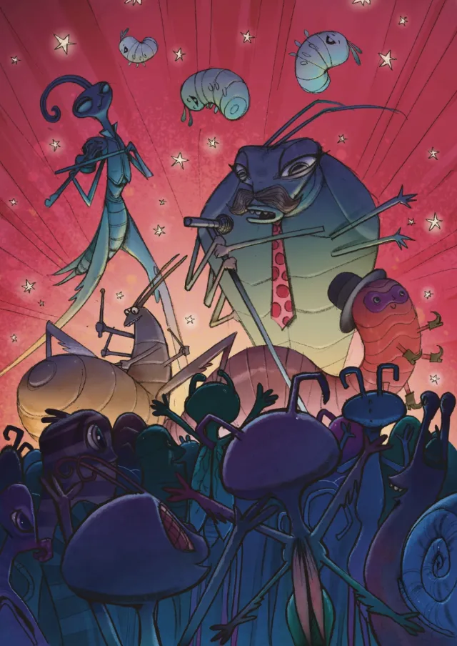 Animated ants interacting with caterpillars in a vibrant setting