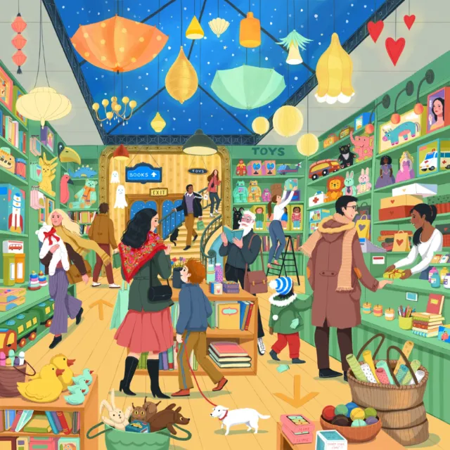 Festive toy store scene with shoppers, colorful toys, and hanging lights