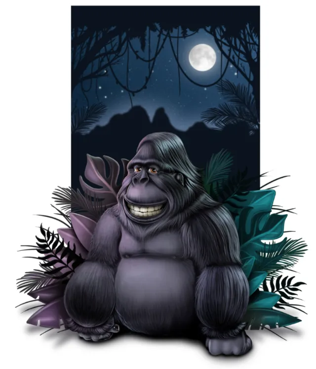 Smiling gorilla sitting at night with full moon and jungle foliage