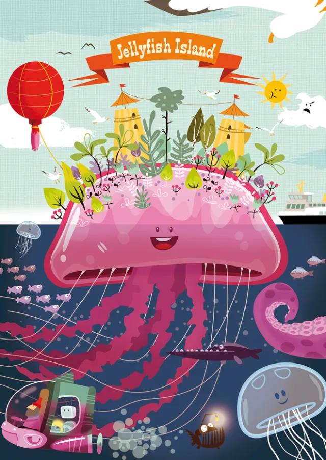 Illustration of a cheerful jellyfish island with plants, buildings, and underwater creatures by Thie
