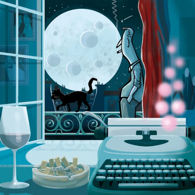 Black cat on balcony with full moon and vintage typewriter inside.