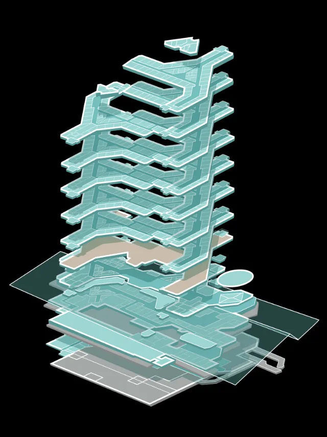 Isometric view of multi-level building floor plans and structure