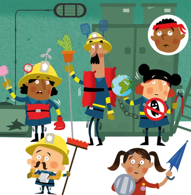 Firefighters saving child and apprehending thief in cartoon style