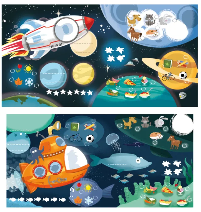 Illustration showing space rocket and planets, and underwater submarine with sea animals