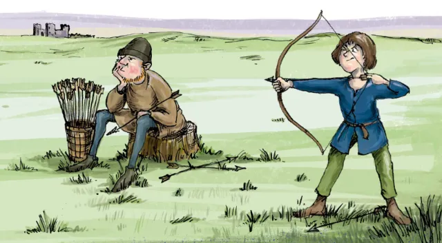 Young medieval boy practices archery with teacher outdoors