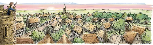 Boy waving from castle tower over medieval village rooftops