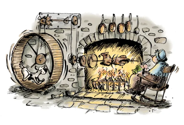 Victorian kitchen with dog on treadmill turning spit roast