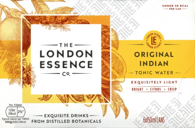 London Essence Co. Original Indian Tonic Water label with orange botanical border