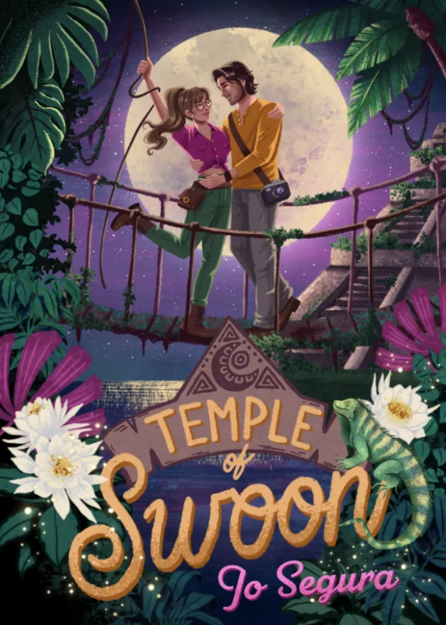 Couple embracing on rope bridge under full moon in jungle