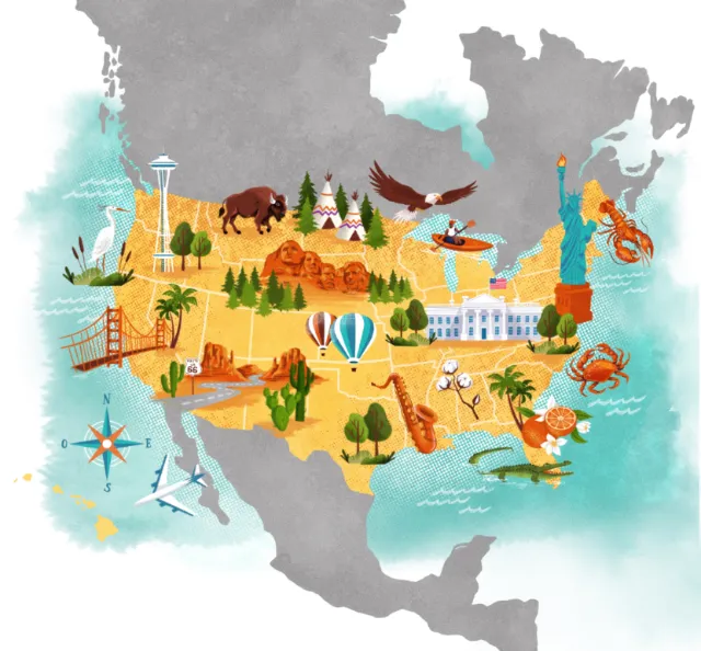 Colorful illustrated USA map with landmarks and wildlife