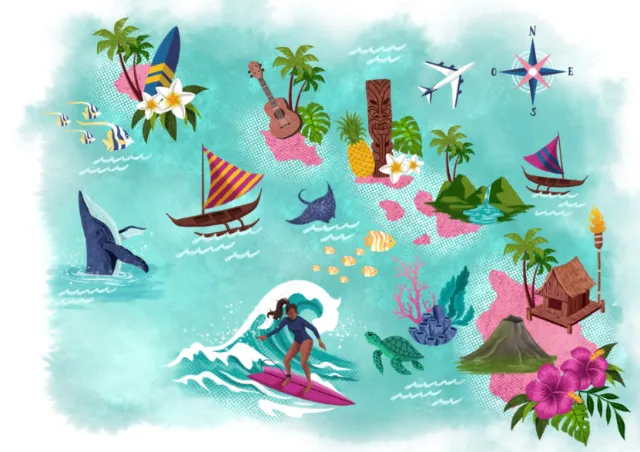 Illustrated Hawaii map with surfer, animals, boats, and plants by Camila Gray