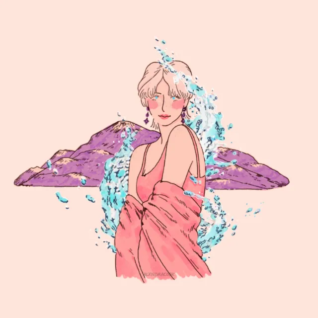 Woman with water splashes and purple mountains behind her