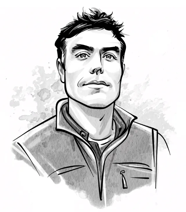 Sketch of a confident man in jacket looking forward