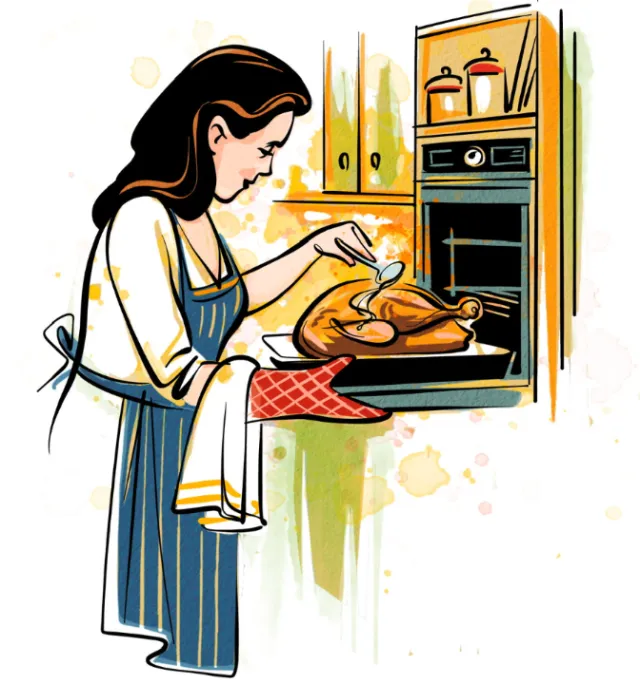 Woman basting roasted chicken with spoon in kitchen oven
