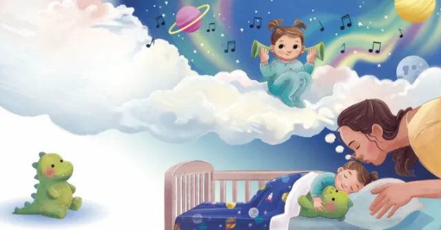 Father singing to baby in space-themed nursery with toys and clouds.