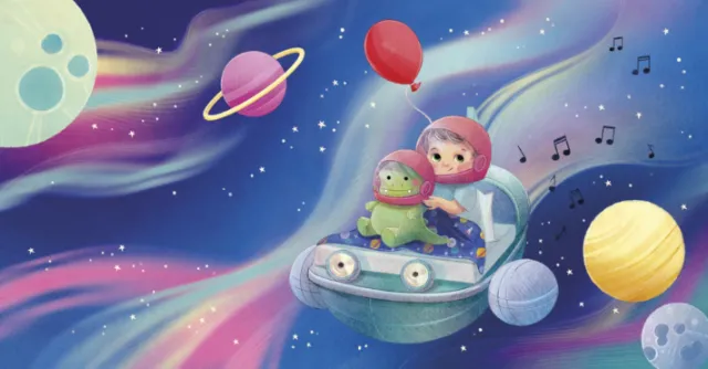 Children in spaceship surrounded by planets and stars in space