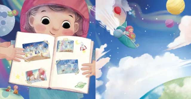 Child holding picture book with space and rocket illustrations in sky