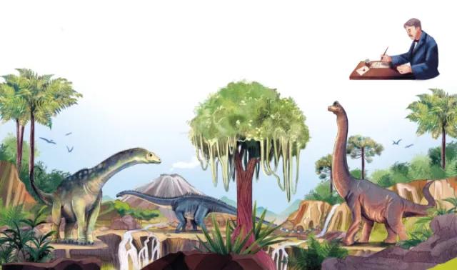 Dinosaurs in a lush prehistoric environment with trees and volcano