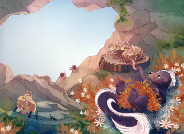 Skunk cooking noodles outdoors with mountains and flowers in background