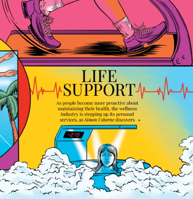 Wellness illustration with treadmill, heartbeat line, and person in water bath