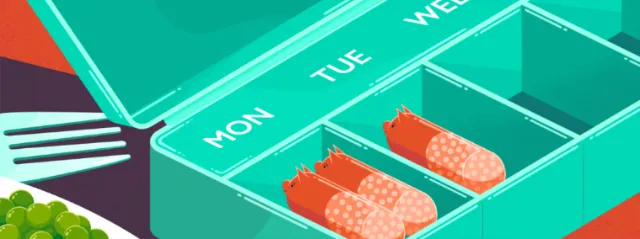 Weekly pill organizer with tablets and capsules for each day