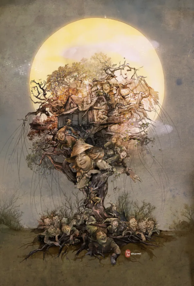Surreal tree with human faces and figures illuminated by moonlight