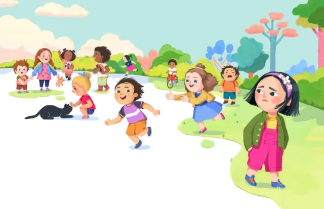 Sad girl alone while other children play together outdoors