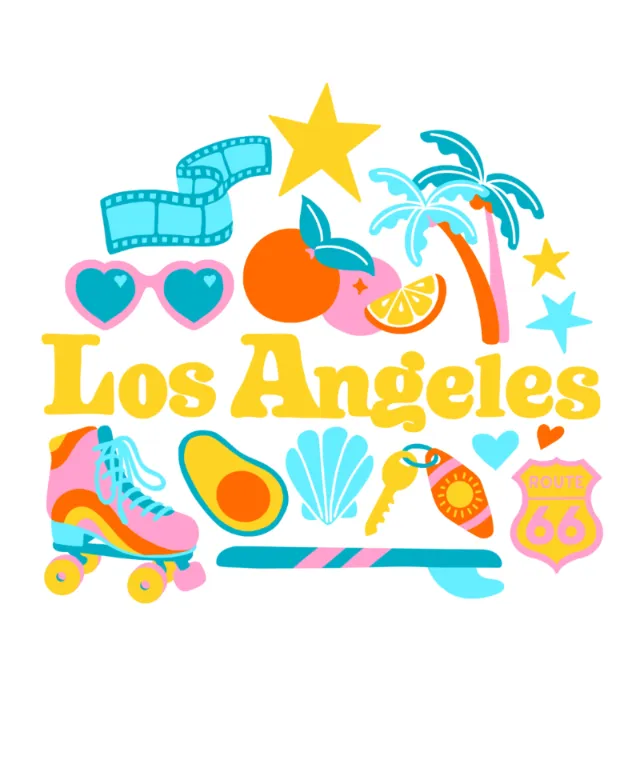Bright Los Angeles illustration with palm tree, roller skate, and fruit