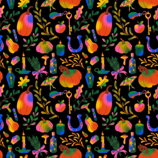 Vibrant Halloween pattern with pumpkins, candles, keys, potion bottles, and plants.