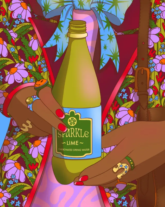Hands holding a sparkling lime flavored water bottle with colorful floral background