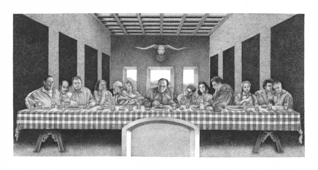 Black and white detailed sketch of The Last Supper scene