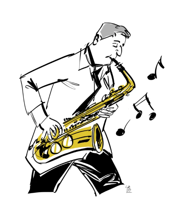 Drawing of a man playing a saxophone with musical notes