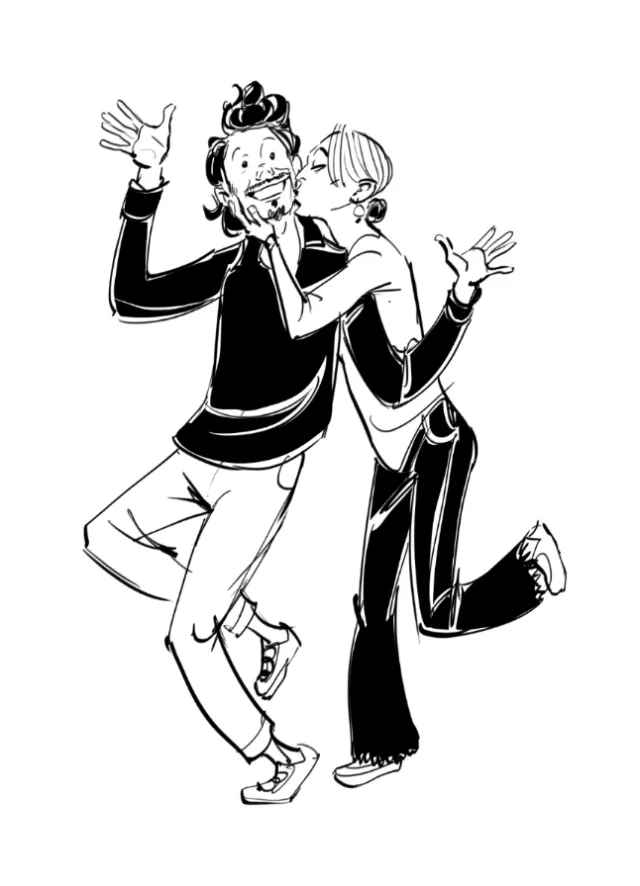 Woman kissing surprised man on cheek in black and white cartoon