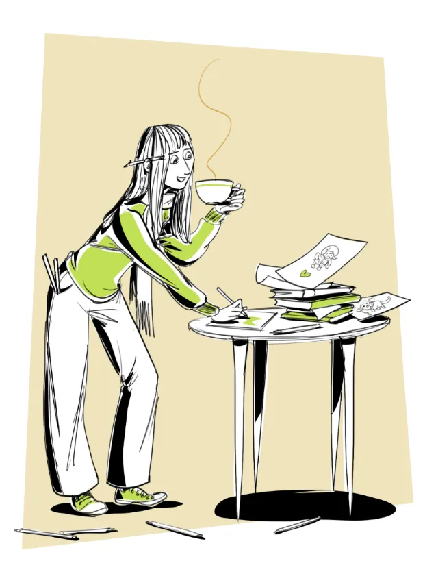 Woman drinking coffee and sorting papers on a round table