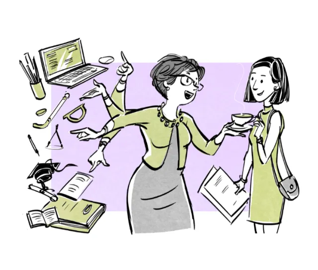 Teacher juggling many tasks while talking to a student holding tea