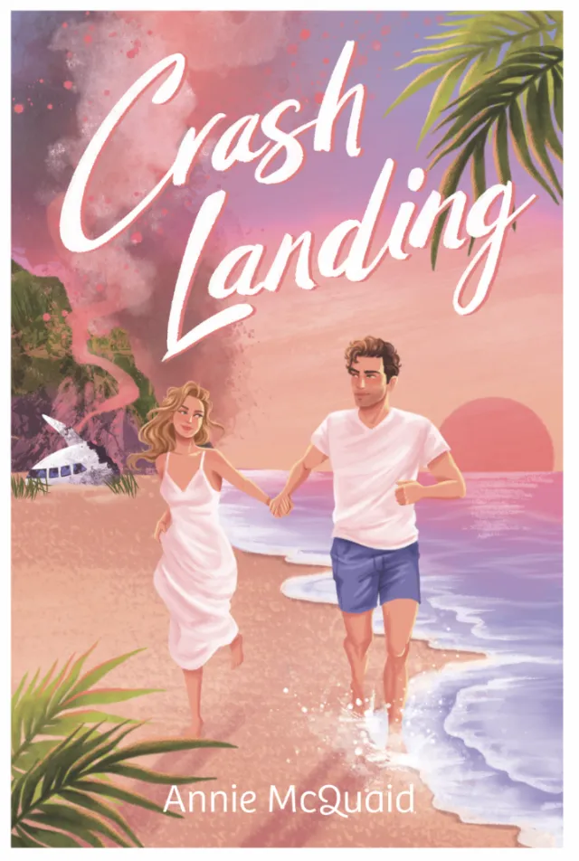 Couple running hand in hand on beach at sunset with palm trees