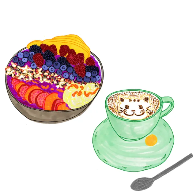 Flat white coffee with cat latte art and acai bowl with fruits