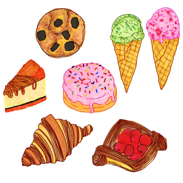 Assorted colorful dessert icons with donut, gelato cones, cherry danish and croissant